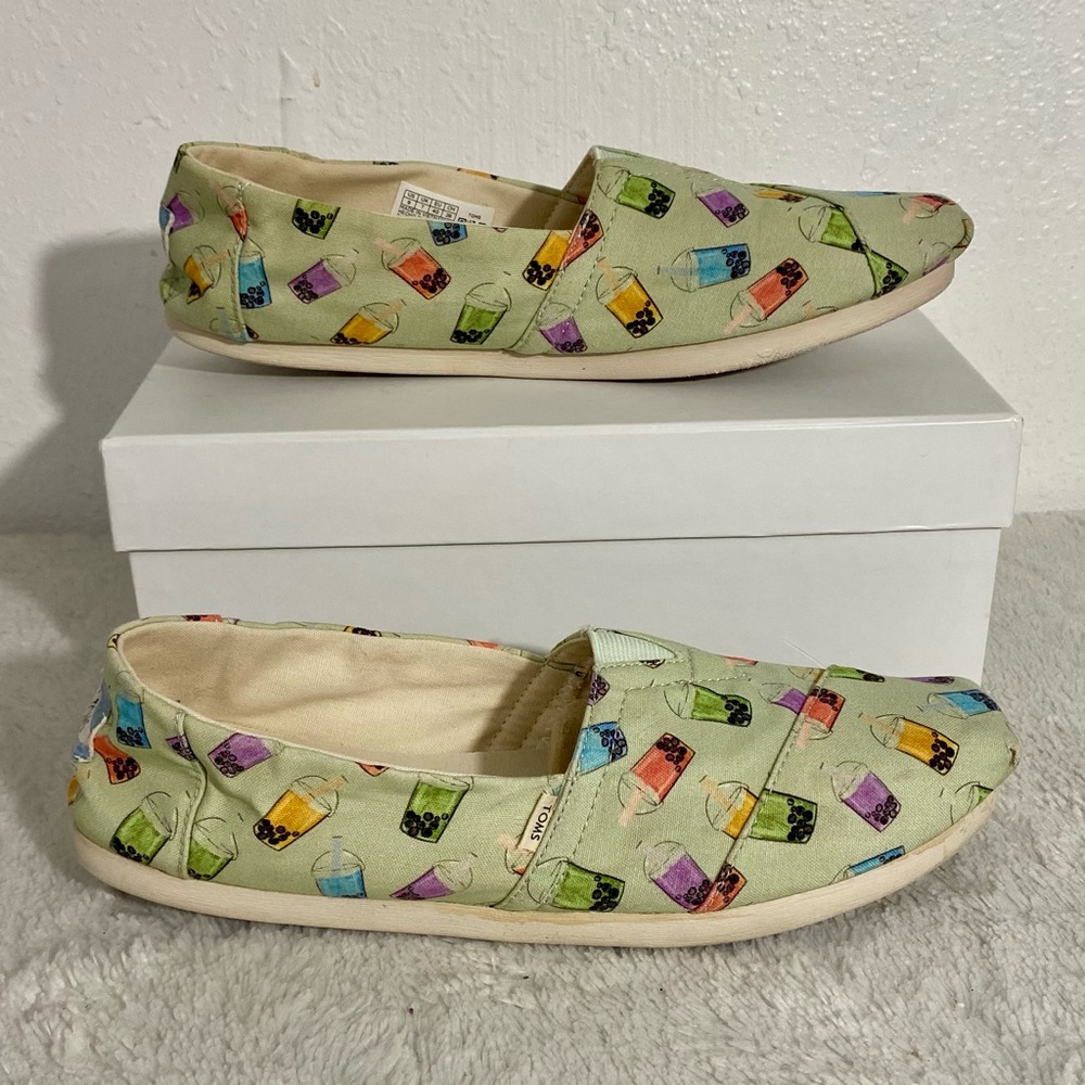 Toms Alpargata Green Matcha Boba Tea Printed Slip On Canvas Shoes Women’s Size 9 - Picture 3 of 10